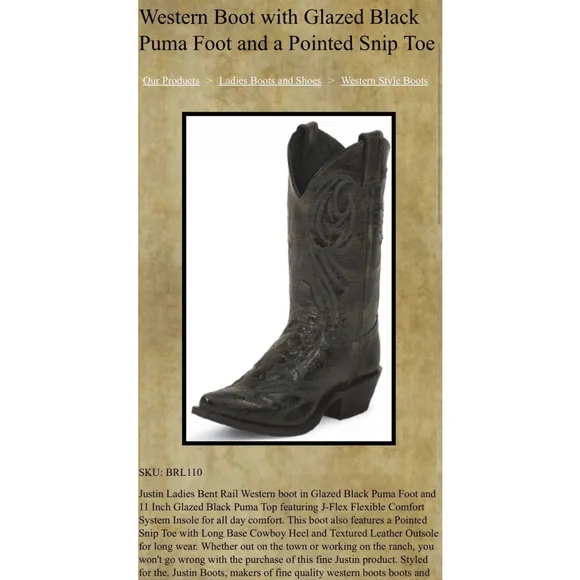 Justin Bent Rail Western Boot Glazed Black Puma Foot Pointed Snip Toe 6 BRL110