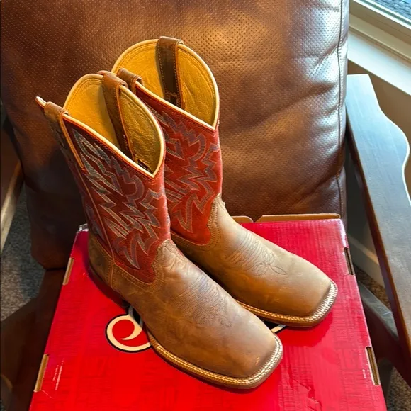 Justin Boots Brown and Red Cowboy Boots Square Toe