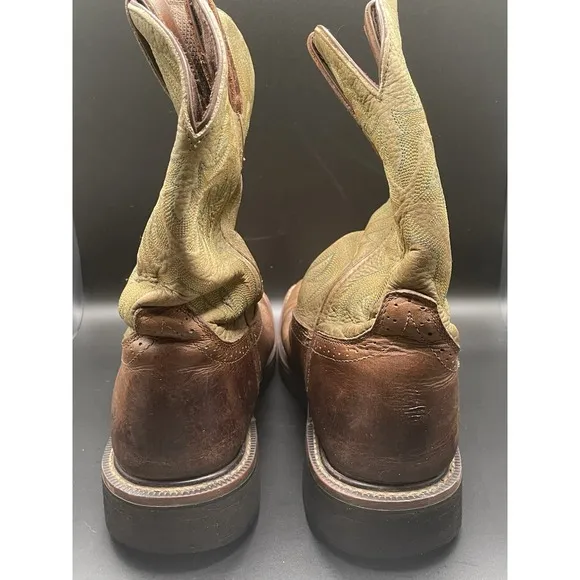 Justin Boots Green Brown Leather Work Square Toe WK4687 Men's - Sz 8.5D