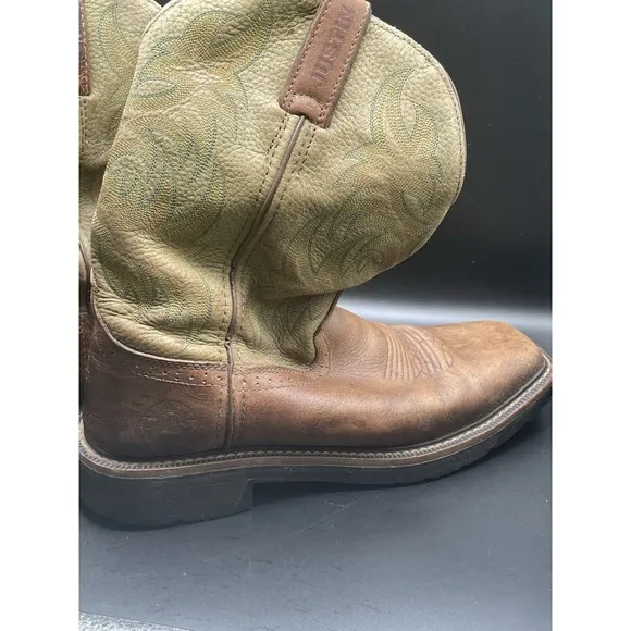 Justin Boots Green Brown Leather Work Square Toe WK4687 Men's - Sz 8.5D
