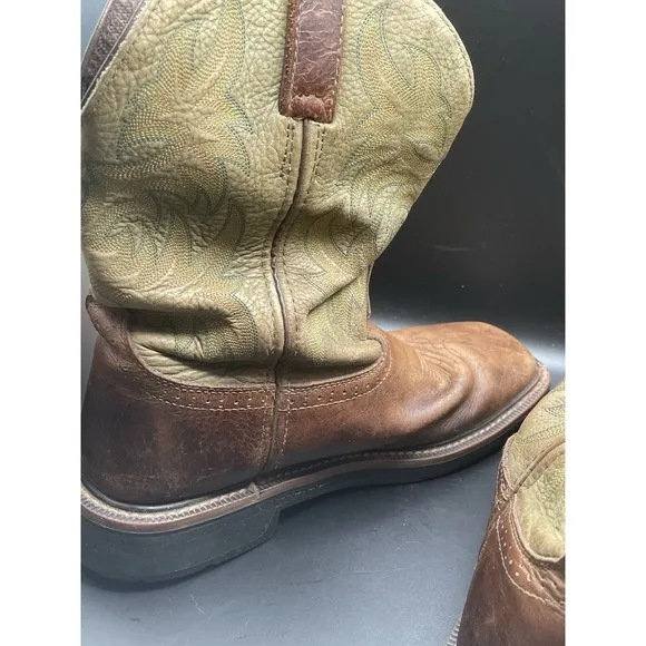 Justin Boots Green Brown Leather Work Square Toe WK4687 Men's - Sz 8.5D