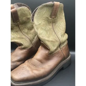 Justin Boots Green Brown Leather Work Square Toe WK4687 Men's - Sz 8.5D