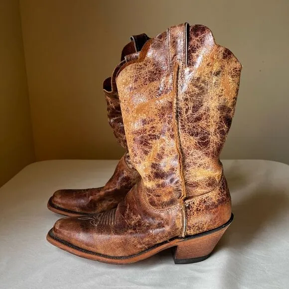 Justin Cracked Tan Road Bent Rail Western Boots Slip On Mid Calf Women's 8