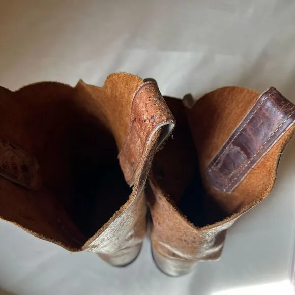 Justin Cracked Tan Road Bent Rail Western Boots Slip On Mid Calf Women's 8
