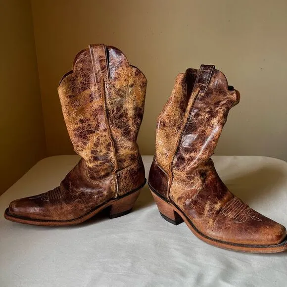 Justin Cracked Tan Road Bent Rail Western Boots Slip On Mid Calf Women's 8