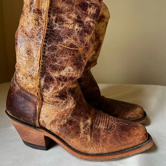 Justin Cracked Tan Road Bent Rail Western Boots Slip On Mid Calf Women's 8