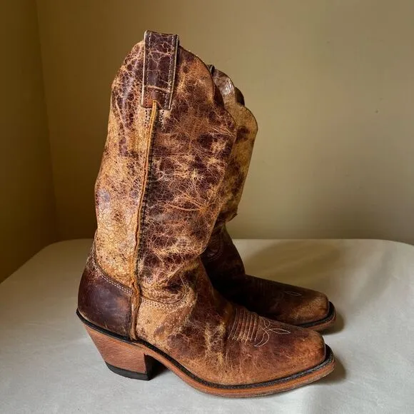 Justin Cracked Tan Road Bent Rail Western Boots Slip On Mid Calf Women's 8