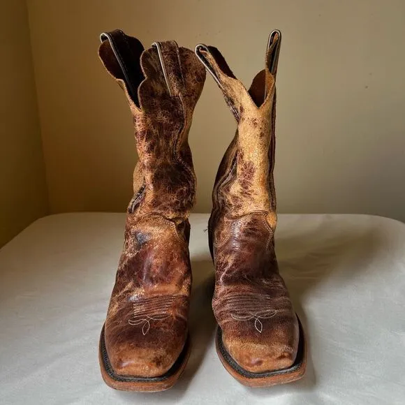 Justin Cracked Tan Road Bent Rail Western Boots Slip On Mid Calf Women's 8