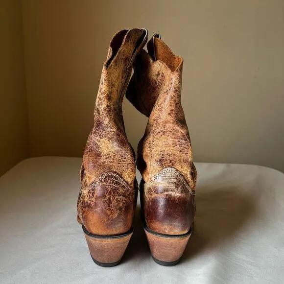 Justin Cracked Tan Road Bent Rail Western Boots Slip On Mid Calf Women's 8
