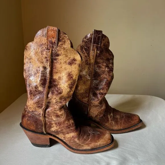 Justin Cracked Tan Road Bent Rail Western Boots Slip On Mid Calf Women's 8