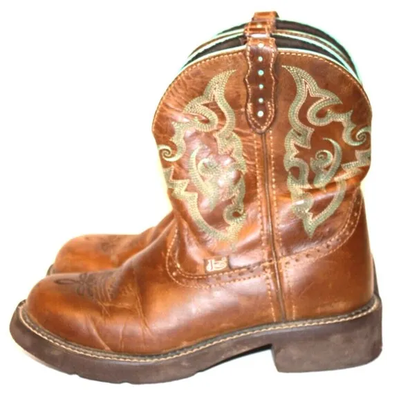 JUSTIN GYPSY Kids Brown Teal Embroidered Cowboy Western Leather Boot Youth sz 9B