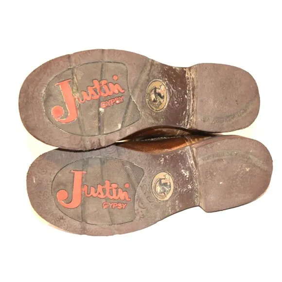 JUSTIN GYPSY Kids Brown Teal Embroidered Cowboy Western Leather Boot Youth sz 9B