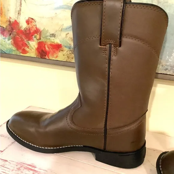 Justin Roper 6.5 EE 10&quot; COWBOY Boots Light Brown Leather Rubber Comfort Sole