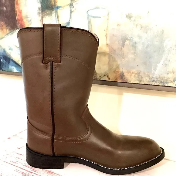 Justin Roper 6.5 EE 10&quot; COWBOY Boots Light Brown Leather Rubber Comfort Sole