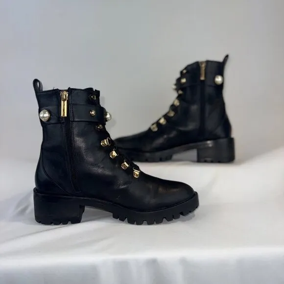 Karl Lagerfeld Paris Perry Black Leather Embellished Combat Boots
