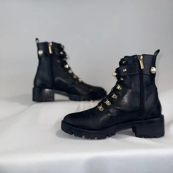Karl Lagerfeld Paris Perry Black Leather Embellished Combat Boots