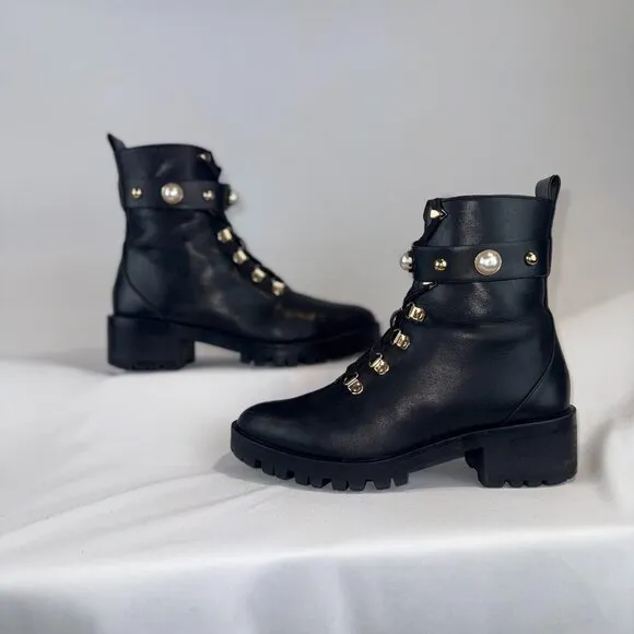 Karl Lagerfeld Paris Perry Black Leather Embellished Combat Boots