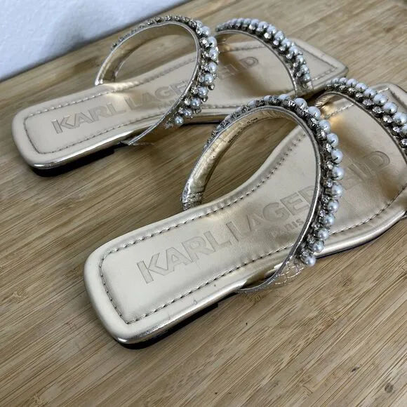 Karl Lagerfeld Paris Sandals Size 6.5M Rhinestone Payzlee Slip On Slide Shoes
