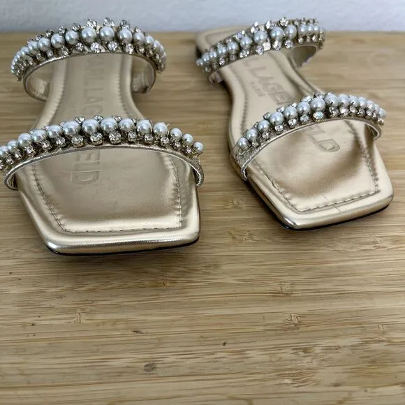 Karl Lagerfeld Paris Sandals Size 6.5M Rhinestone Payzlee Slip On Slide Shoes