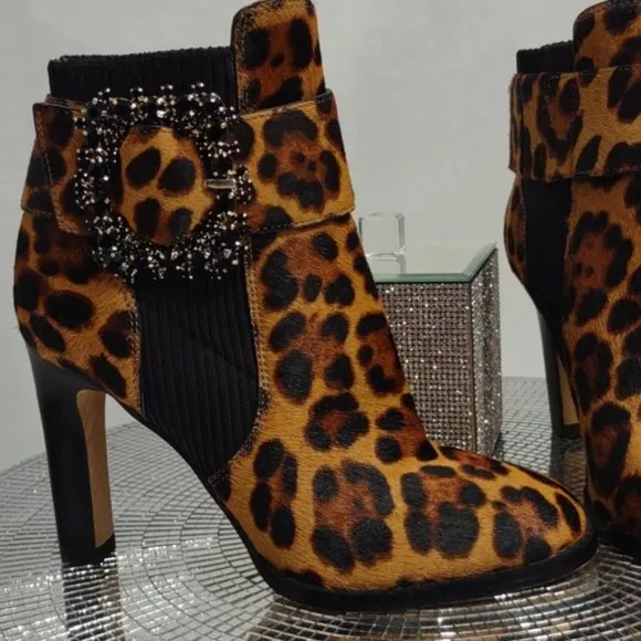 Karl Lagerfeld Vania Calf Hair Rhinestone Ankle Boots Animal High Heel Leopard