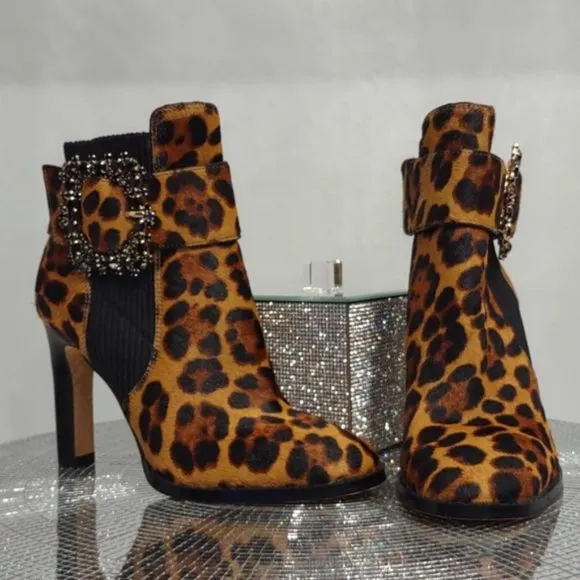 Karl Lagerfeld Vania Calf Hair Rhinestone Ankle Boots Animal High Heel Leopard