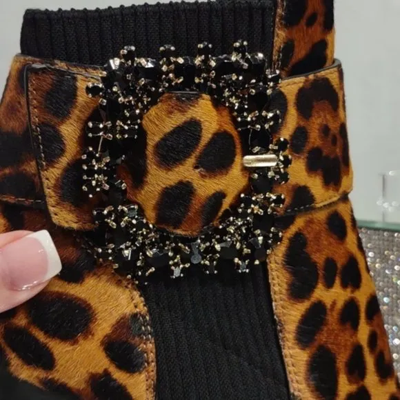 Karl Lagerfeld Vania Calf Hair Rhinestone Ankle Boots Animal High Heel Leopard