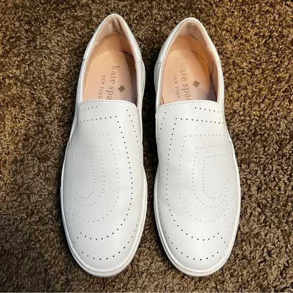 Kate Spade Azores ‘Andy’ Perforated White Slip-On Leather Sneakers, Size 6 1/2