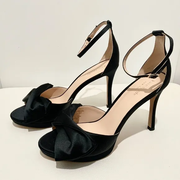 Kate Spade Bridal Bow Black Satin Platform Sandal Stiletto Heel Evening Pumps