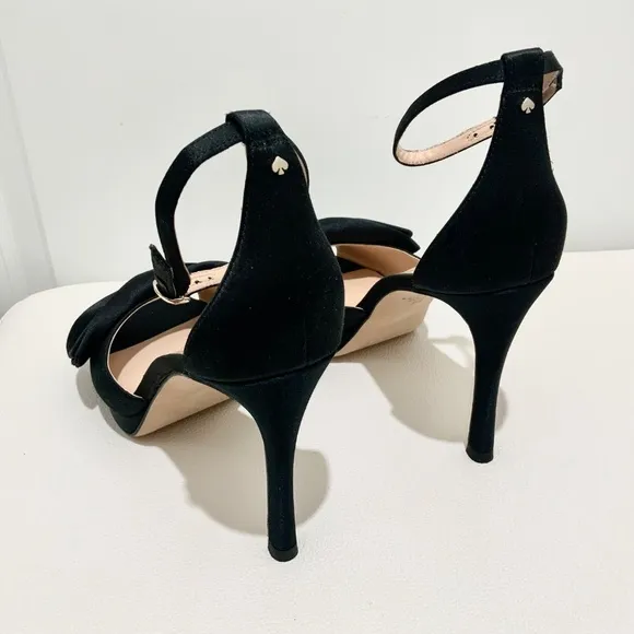 Kate Spade Bridal Bow Black Satin Platform Sandal Stiletto Heel Evening Pumps