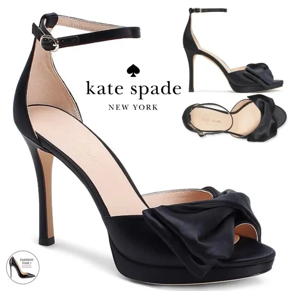 Kate Spade Bridal Bow Black Satin Platform Sandal Stiletto Heel Evening Pumps