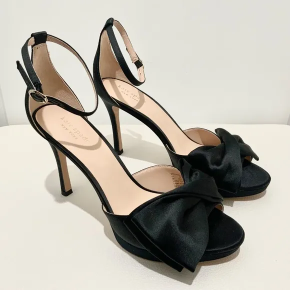 Kate Spade Bridal Bow Black Satin Platform Sandal Stiletto Heel Evening Pumps