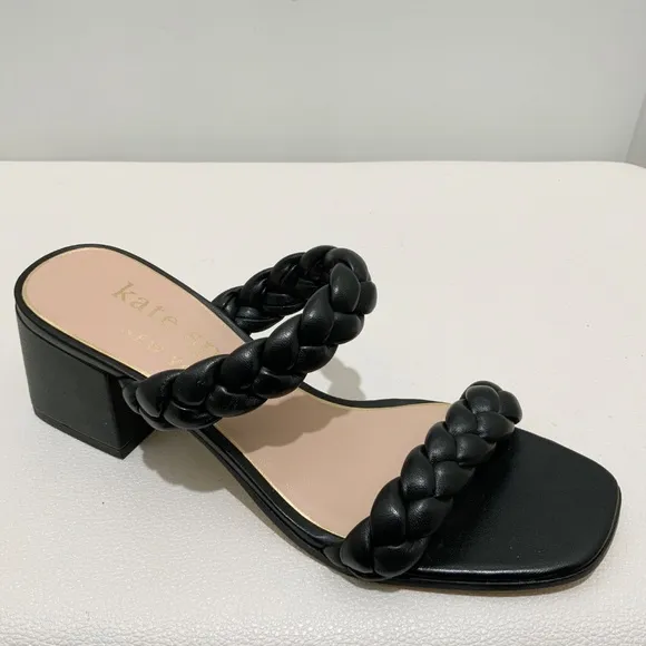 Kate Spade Juniper Black Leather Block Heel Slide Sandals Pumps Dress Shoes 8