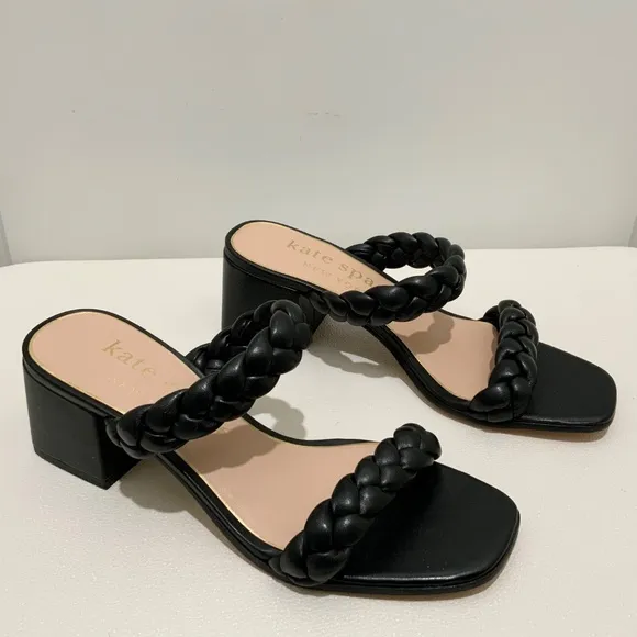 Kate Spade Juniper Black Leather Block Heel Slide Sandals Pumps Dress Shoes 8