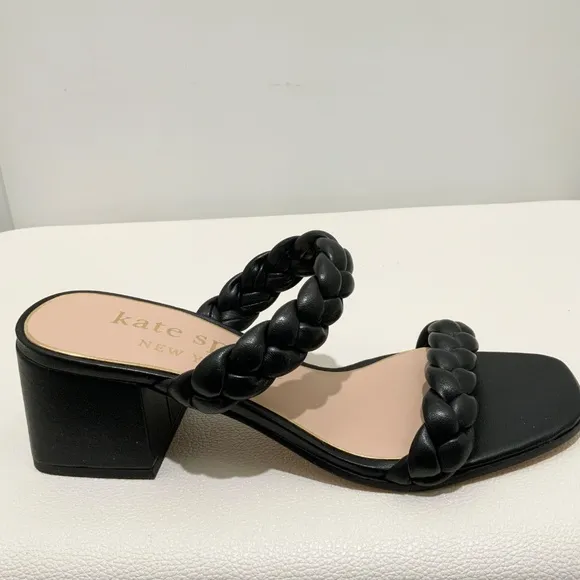 Kate Spade Juniper Black Leather Block Heel Slide Sandals Pumps Dress Shoes 8