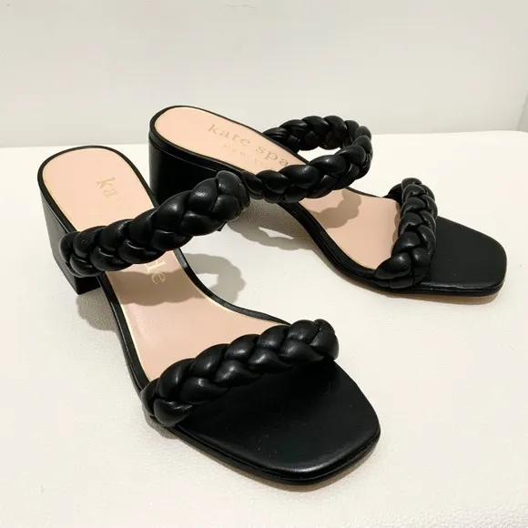 Kate Spade Juniper Black Leather Block Heel Slide Sandals Pumps Dress Shoes 8