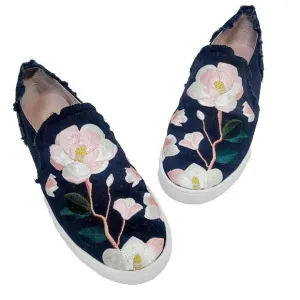 Kate Spade Leonie Sneakers 8.5 Black Pink Embroidered Floral Ruffle Slip-On Shoe