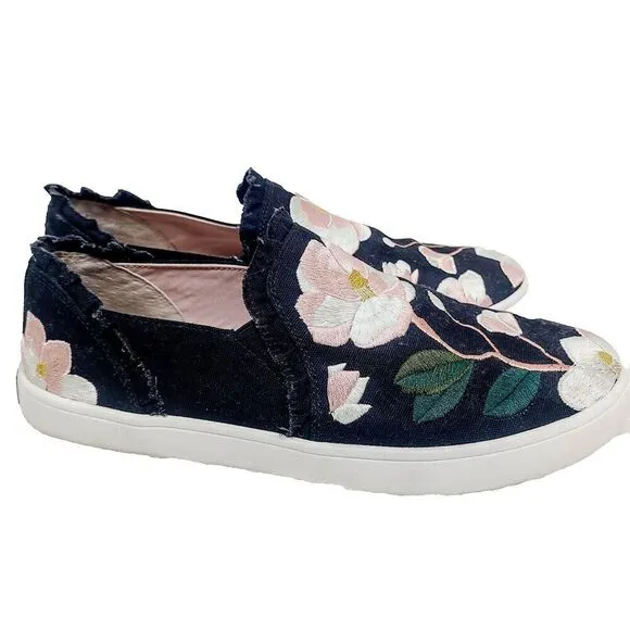 Kate Spade Leonie Sneakers 8.5 Black Pink Embroidered Floral Ruffle Slip-On Shoe