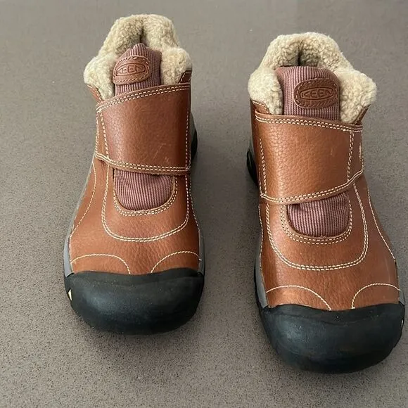 Keen Kids' Brown Leather Kootenay Winter Boots Faux Fur Lining Youth 6