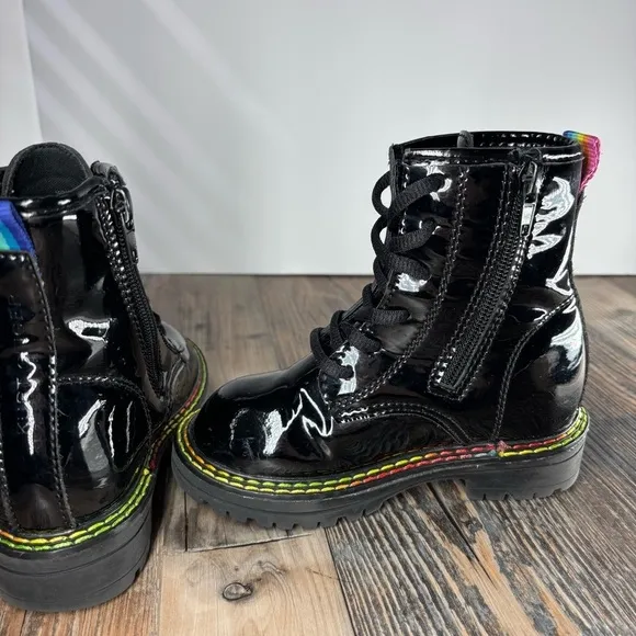 Kurt Geiger Shoes Girls 9 Patent Birdie Black Boots Combat Rainbow Stitching