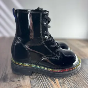 Kurt Geiger Shoes Girls 9 Patent Birdie Black Boots Combat Rainbow Stitching