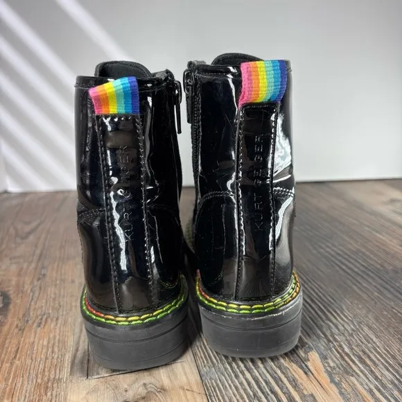 Kurt Geiger Shoes Girls 9 Patent Birdie Black Boots Combat Rainbow Stitching