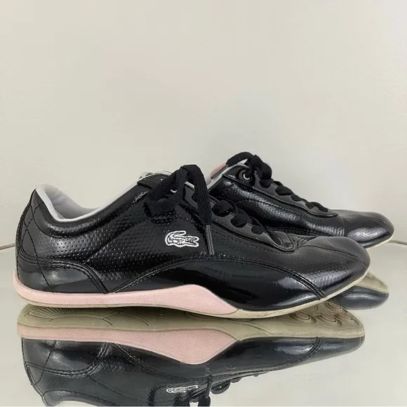 LACOSTE Y2K Black Pink Shiny Patent Leather Shua 2 Casual Bowler Track Sneakers