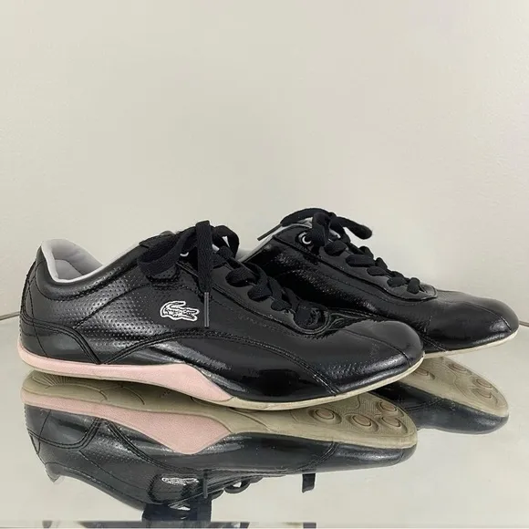 LACOSTE Y2K Black Pink Shiny Patent Leather Shua 2 Casual Bowler Track Sneakers