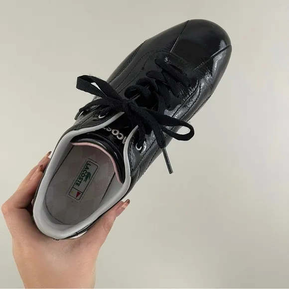 LACOSTE Y2K Black Pink Shiny Patent Leather Shua 2 Casual Bowler Track Sneakers