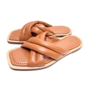 Lafayette 148 Shoes Size 6.5 Donne Slide Sandal 100% Leather Puffy Cognac Brown