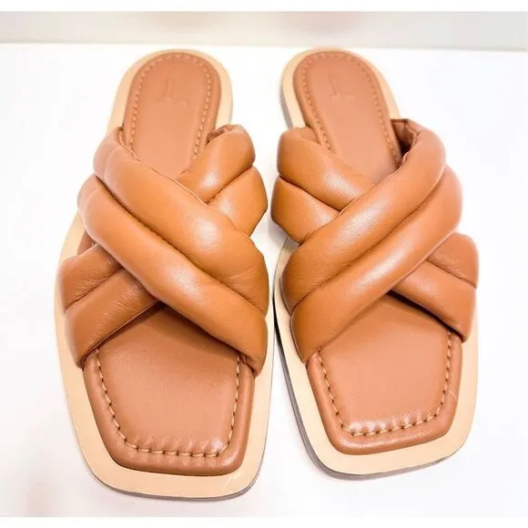 Lafayette 148 Shoes Size 6.5 Donne Slide Sandal 100% Leather Puffy Cognac Brown