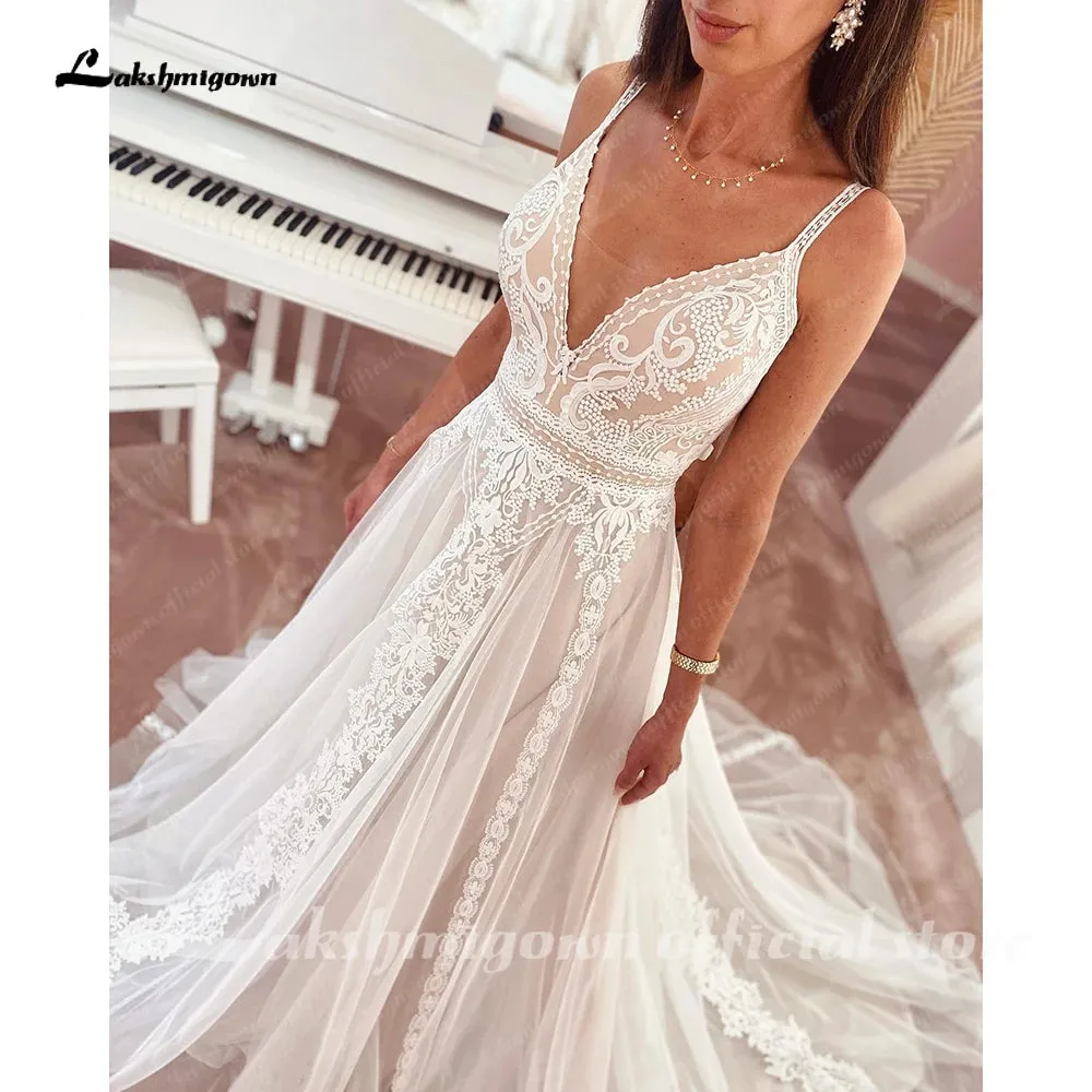Lakshmigown Plunging V Bohemian Wedding Dress 2023 Vestido Noiva Summer A Line Boho Wedding Dress V Neck Lace Open Back Sleevele