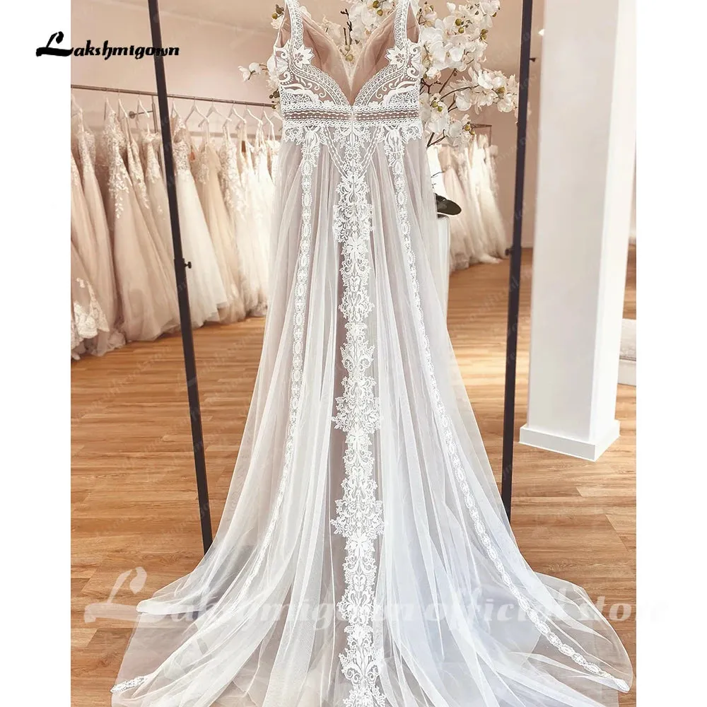 Lakshmigown Plunging V Bohemian Wedding Dress 2023 Vestido Noiva Summer A Line Boho Wedding Dress V Neck Lace Open Back Sleevele