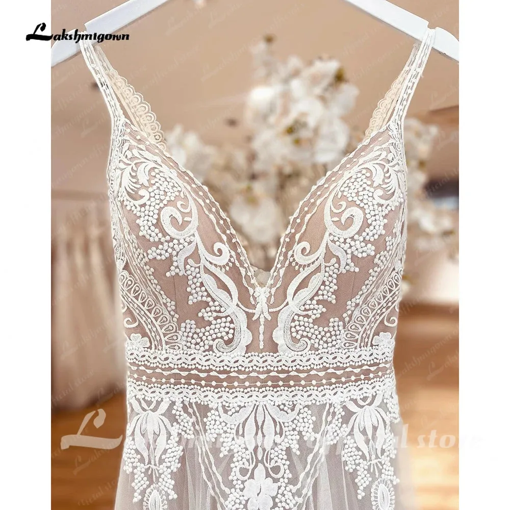 Lakshmigown Plunging V Bohemian Wedding Dress 2023 Vestido Noiva Summer A Line Boho Wedding Dress V Neck Lace Open Back Sleevele