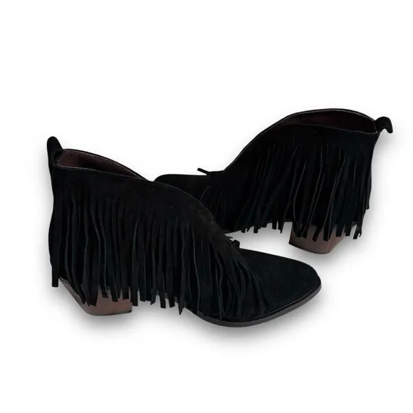 L&amp;B Women's Fringe‎ Leather Slip On Boots Booties Black Size 8